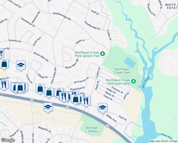 map of restaurants, bars, coffee shops, grocery stores, and more near 116 Pine Crest Drive in Jacksonville