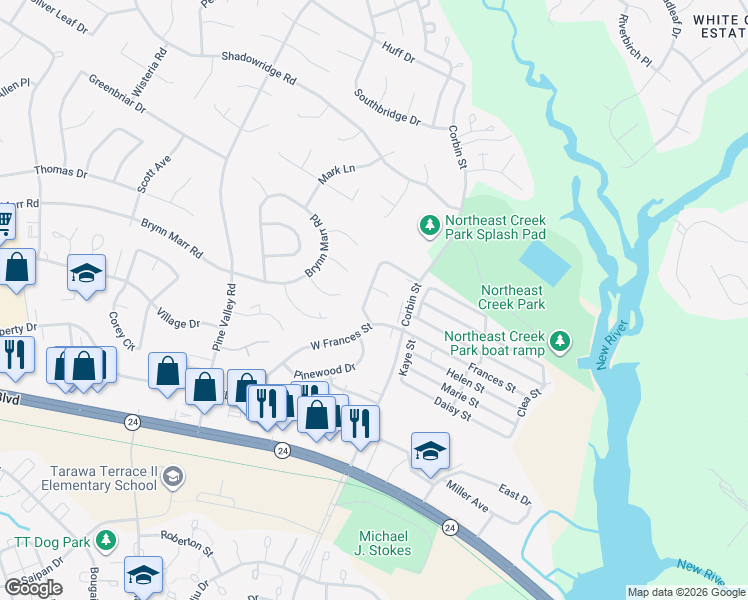 map of restaurants, bars, coffee shops, grocery stores, and more near 114 Pine Crest Drive in Jacksonville