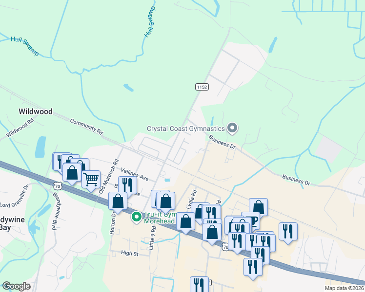 map of restaurants, bars, coffee shops, grocery stores, and more near 226 Old Airport Road in Newport
