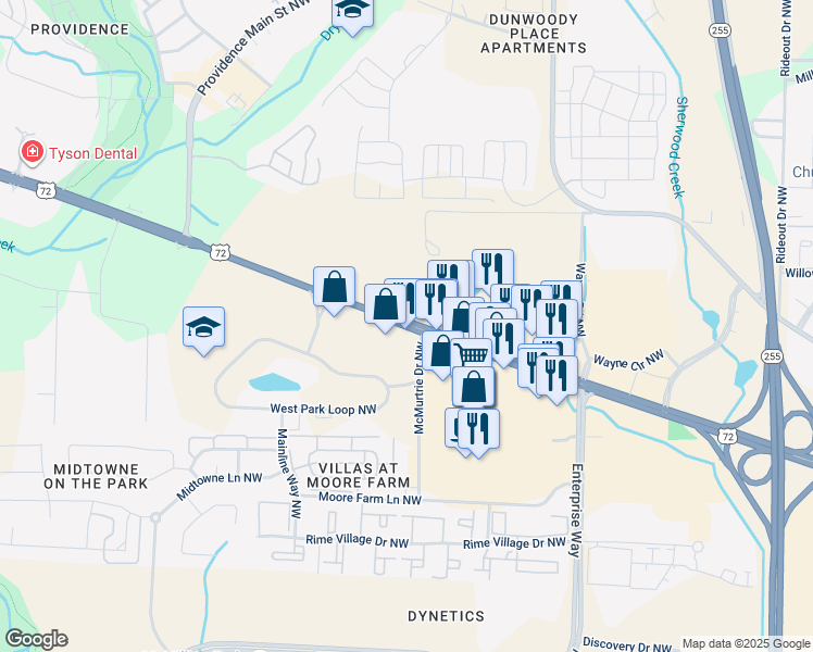 map of restaurants, bars, coffee shops, grocery stores, and more near 6407 University Dr NW in Huntsville