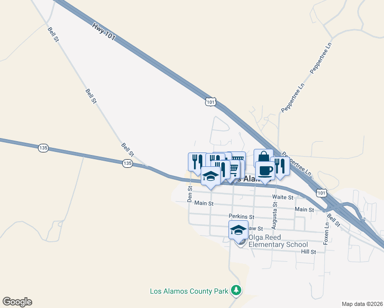map of restaurants, bars, coffee shops, grocery stores, and more near 15 Den Street in Los Alamos