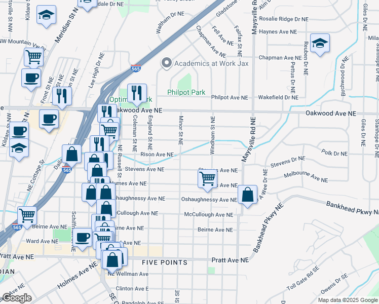 map of restaurants, bars, coffee shops, grocery stores, and more near 1323 Rison Ave NE in Huntsville