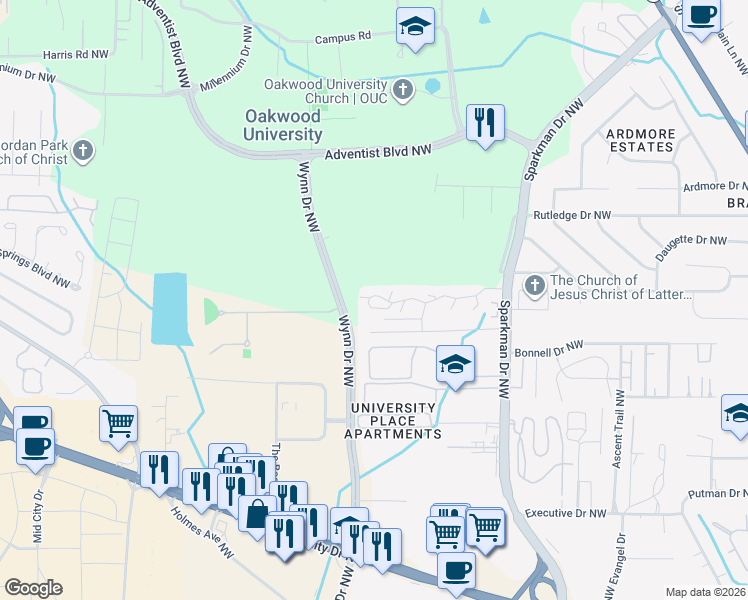 map of restaurants, bars, coffee shops, grocery stores, and more near 5137 7 Pine Circle in Huntsville