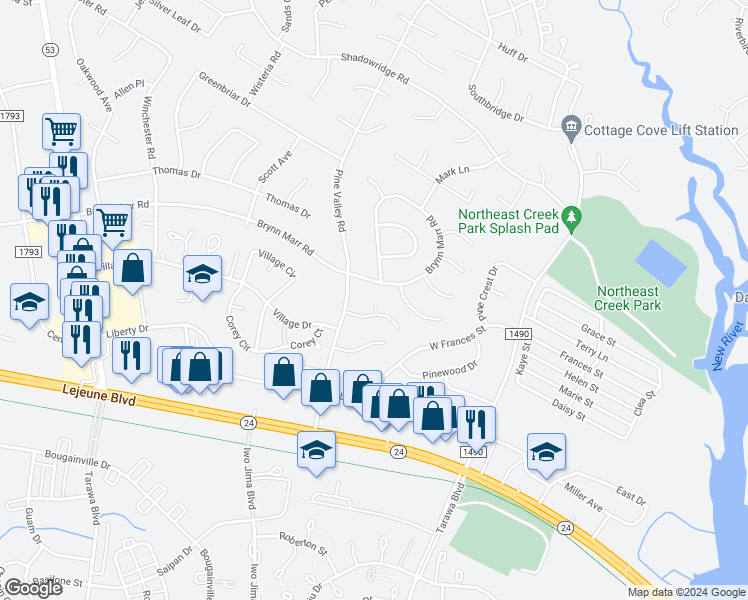 map of restaurants, bars, coffee shops, grocery stores, and more near 111 Twinwood Court in Jacksonville