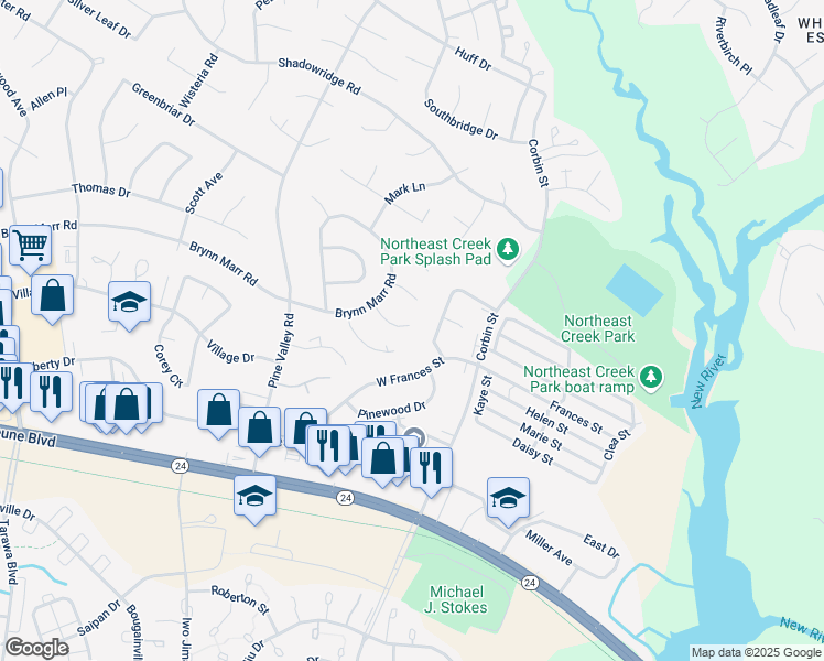 map of restaurants, bars, coffee shops, grocery stores, and more near 114 Hillside Court in Jacksonville