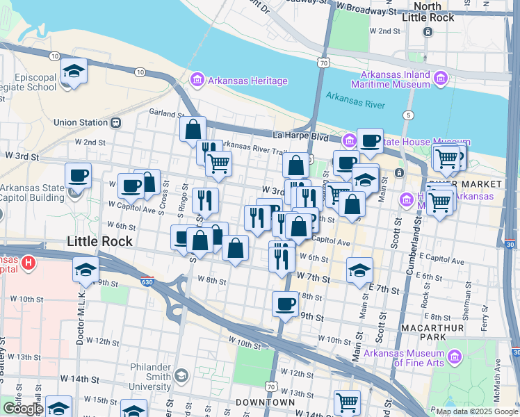 map of restaurants, bars, coffee shops, grocery stores, and more near 701 West 4th Street in Little Rock
