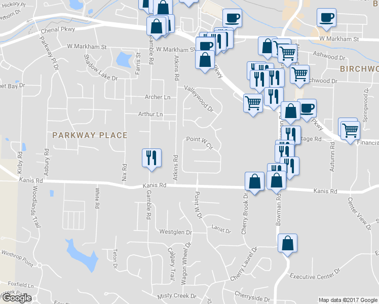 map of restaurants, bars, coffee shops, grocery stores, and more near 17 Oak Point Court in Little Rock