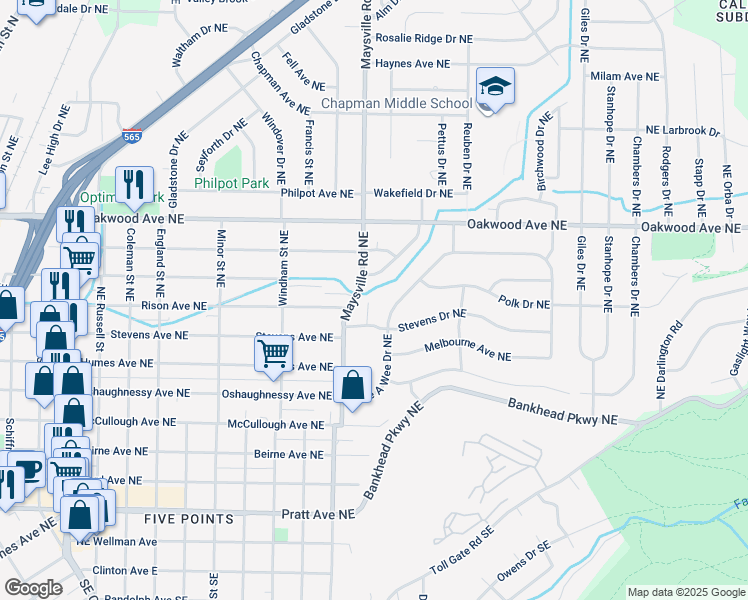 map of restaurants, bars, coffee shops, grocery stores, and more near 904 Stevens Court Northeast in Huntsville