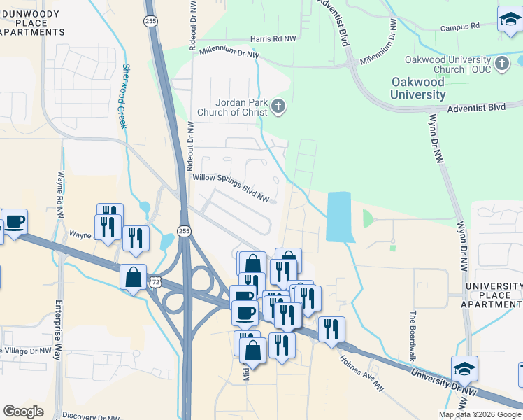 map of restaurants, bars, coffee shops, grocery stores, and more near 1033 Sandy Springs Road Northwest in Huntsville