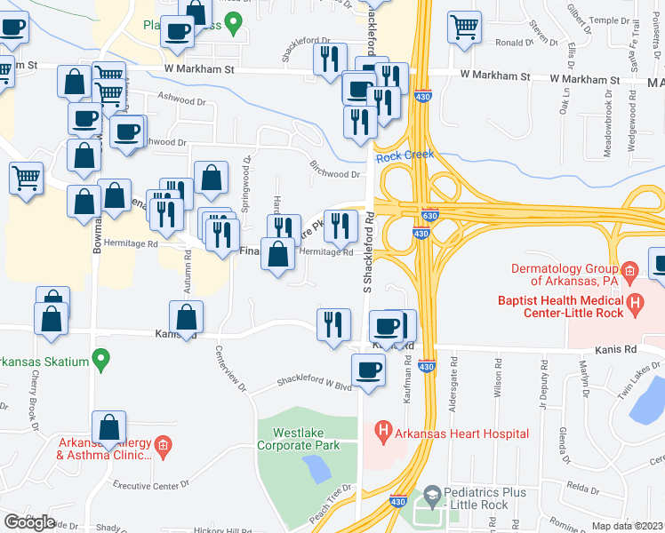 map of restaurants, bars, coffee shops, grocery stores, and more near 10825 Hermitage Road in Little Rock