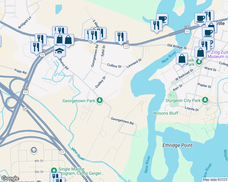 map of restaurants, bars, coffee shops, grocery stores, and more near 121 Darden Street in Jacksonville