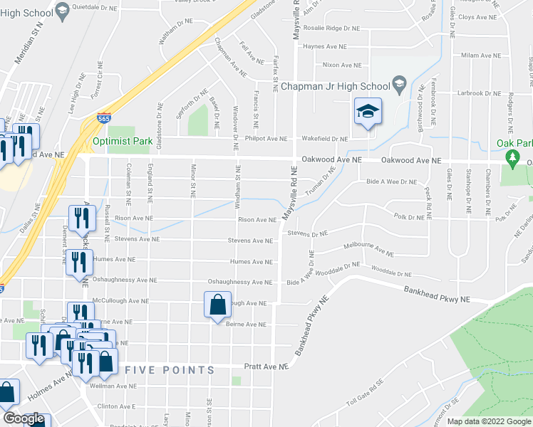 map of restaurants, bars, coffee shops, grocery stores, and more near 1603 Rison Avenue Northeast in Huntsville