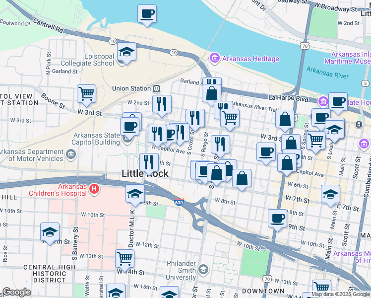 map of restaurants, bars, coffee shops, grocery stores, and more near 1202 West Capitol Avenue in Little Rock