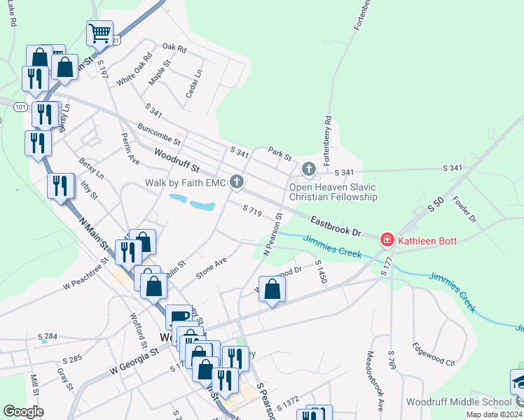 map of restaurants, bars, coffee shops, grocery stores, and more near 219 South 719 in Woodruff