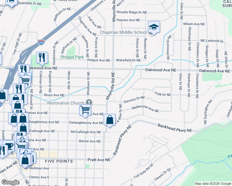 map of restaurants, bars, coffee shops, grocery stores, and more near 904 Stevens Court Northeast in Huntsville