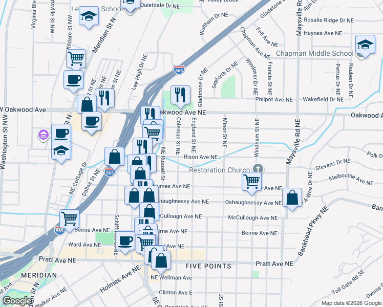 map of restaurants, bars, coffee shops, grocery stores, and more near 1100 Rison Avenue Northeast in Huntsville