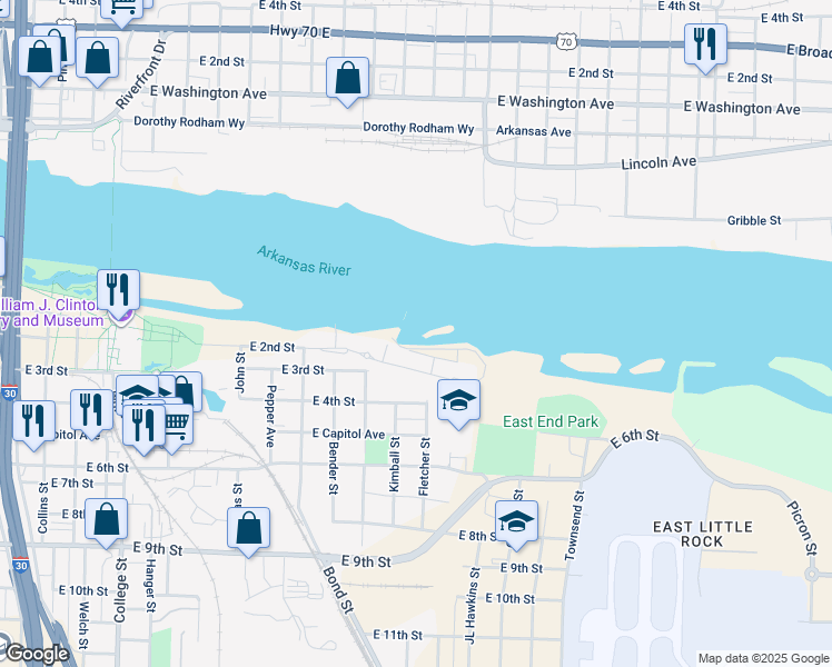 map of restaurants, bars, coffee shops, grocery stores, and more near 314 Fletcher Street in Little Rock
