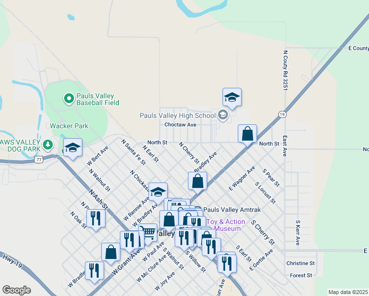 map of restaurants, bars, coffee shops, grocery stores, and more near 413 North Cherry Street in Pauls Valley
