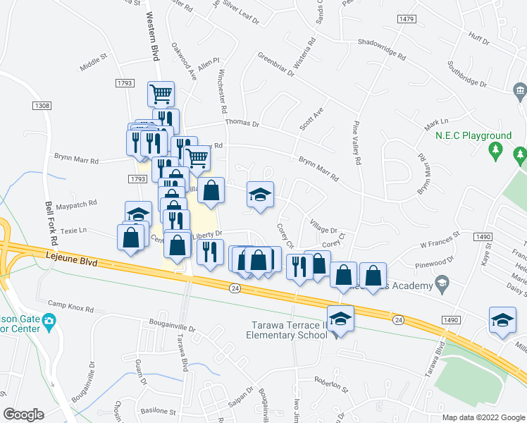 map of restaurants, bars, coffee shops, grocery stores, and more near 192 Village Drive in Jacksonville