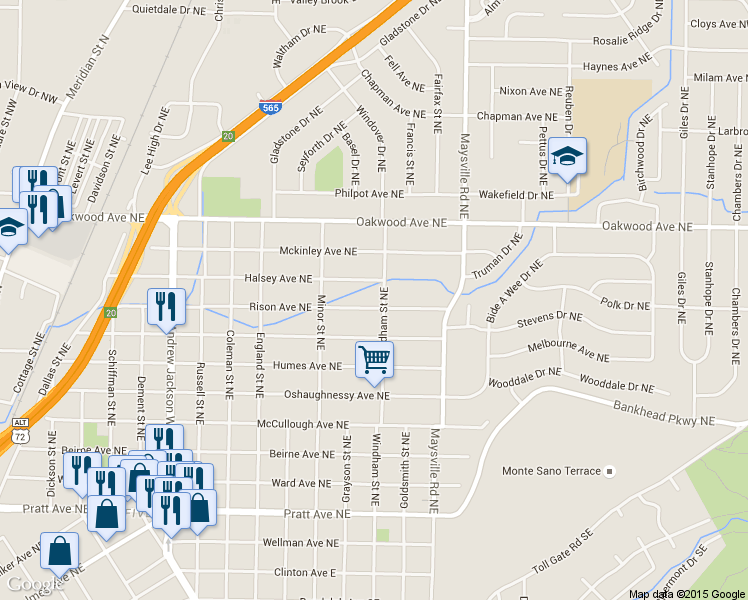 map of restaurants, bars, coffee shops, grocery stores, and more near 1425 Rison Avenue Northeast in Huntsville