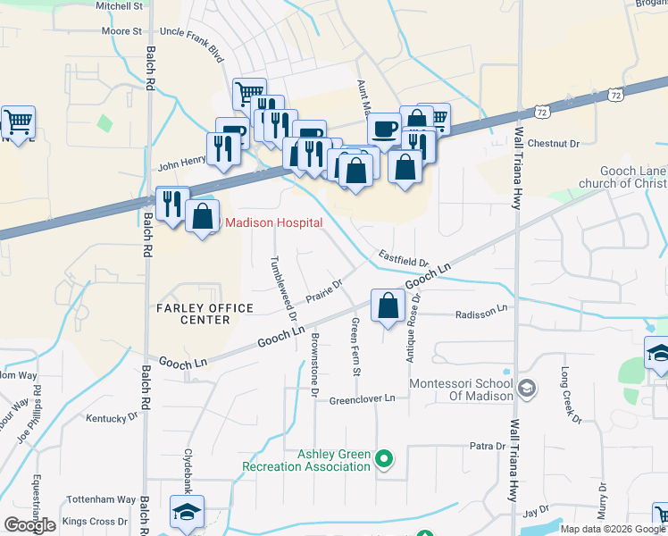 map of restaurants, bars, coffee shops, grocery stores, and more near 208 Prairie Drive in Madison