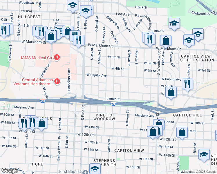 map of restaurants, bars, coffee shops, grocery stores, and more near 3518 West 7th Street in Little Rock