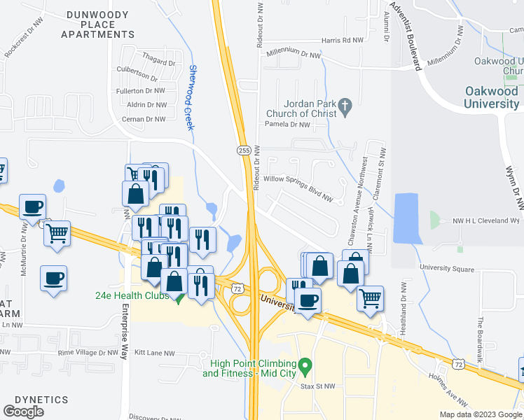 map of restaurants, bars, coffee shops, grocery stores, and more near 1172 Old Monrovia Road Northwest in Huntsville