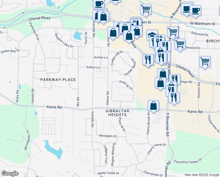 map of restaurants, bars, coffee shops, grocery stores, and more near 31 Point West Circle in Little Rock