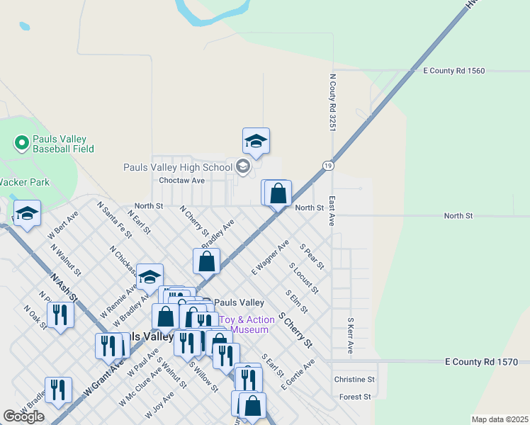 map of restaurants, bars, coffee shops, grocery stores, and more near 713 East Grant Avenue in Pauls Valley