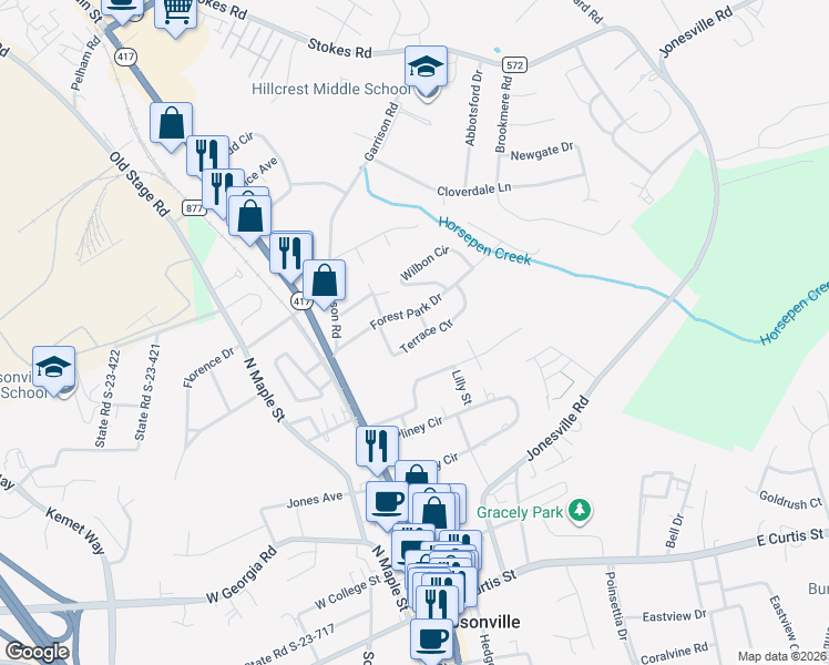 map of restaurants, bars, coffee shops, grocery stores, and more near 208 Forest Park Drive in Simpsonville