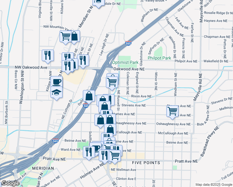 map of restaurants, bars, coffee shops, grocery stores, and more near 722 Rison Avenue Northeast in Huntsville
