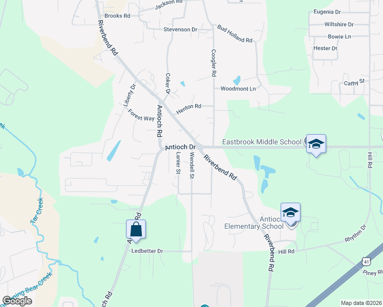 map of restaurants, bars, coffee shops, grocery stores, and more near 1308 Antioch Drive in Dalton
