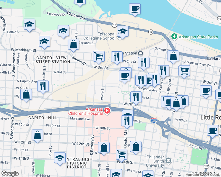 map of restaurants, bars, coffee shops, grocery stores, and more near 4 Capitol Mall in Little Rock