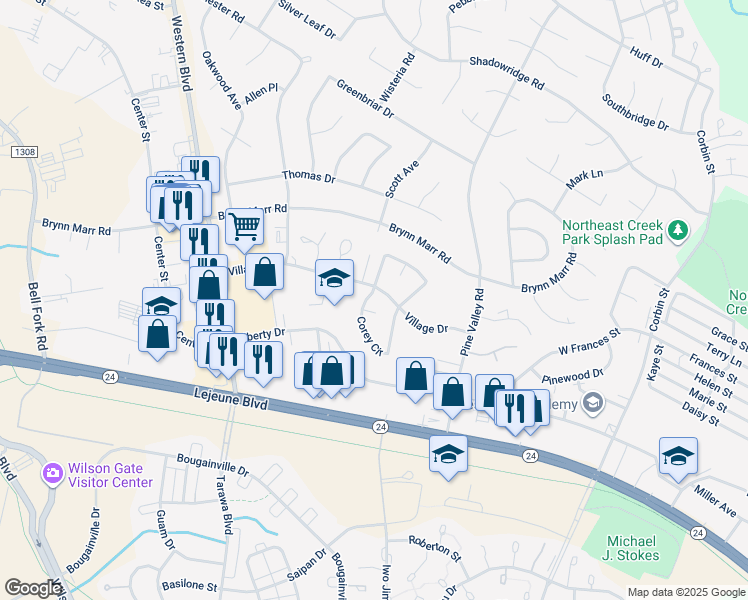 map of restaurants, bars, coffee shops, grocery stores, and more near 105 Corey Circle in Jacksonville