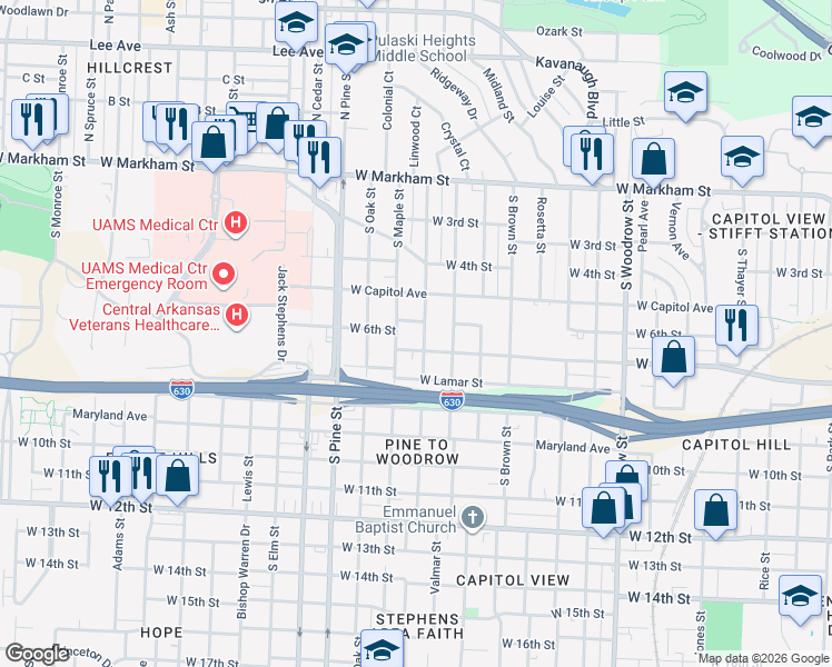map of restaurants, bars, coffee shops, grocery stores, and more near 3518 West 7th Street in Little Rock