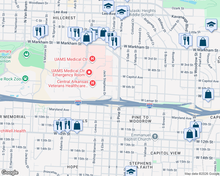 map of restaurants, bars, coffee shops, grocery stores, and more near 611 South Cedar Street in Little Rock