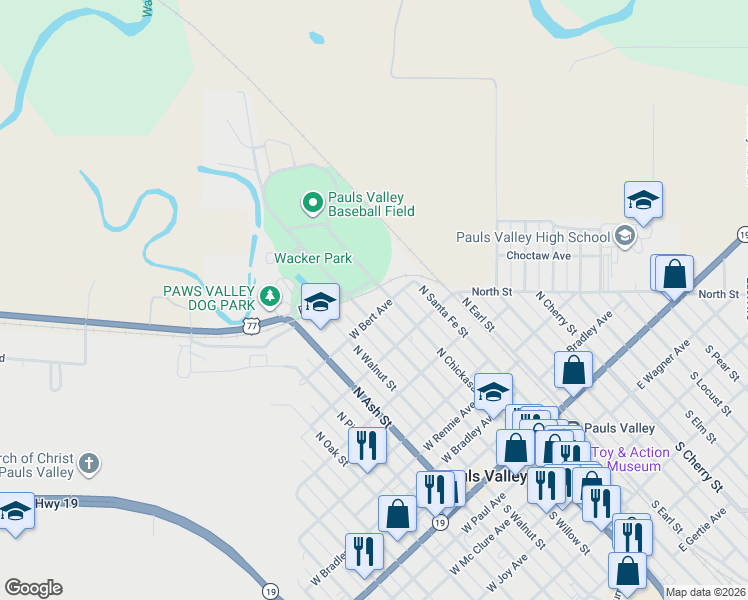 map of restaurants, bars, coffee shops, grocery stores, and more near 900 North Willow Street in Pauls Valley