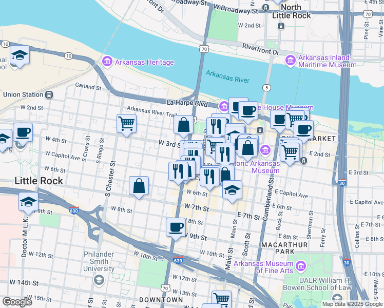 map of restaurants, bars, coffee shops, grocery stores, and more near 301 Broadway Street in Little Rock