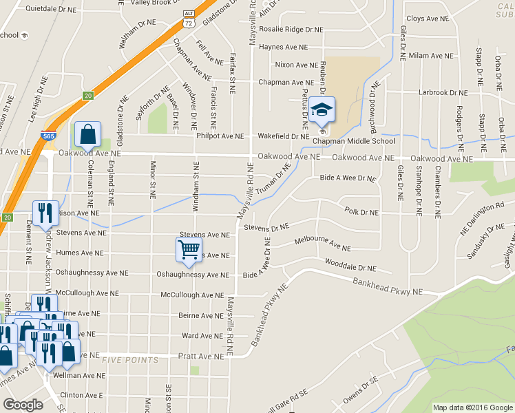 map of restaurants, bars, coffee shops, grocery stores, and more near 904 Stevens Court Northeast in Huntsville