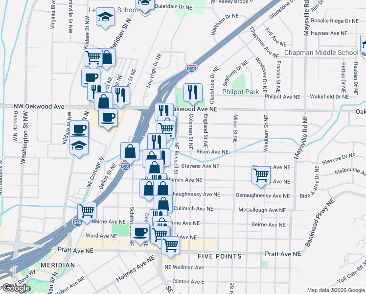 map of restaurants, bars, coffee shops, grocery stores, and more near 722 Rison Avenue Northeast in Huntsville