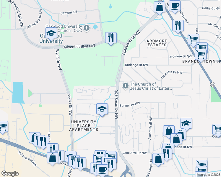 map of restaurants, bars, coffee shops, grocery stores, and more near 4933 7 Pine Circle in Huntsville