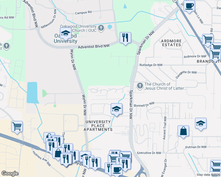 map of restaurants, bars, coffee shops, grocery stores, and more near 5001 7 Pine Circle in Huntsville