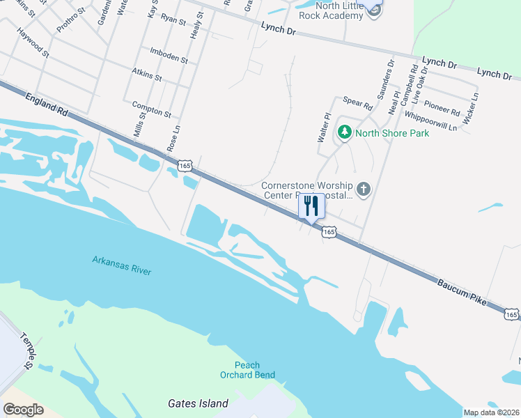 map of restaurants, bars, coffee shops, grocery stores, and more near 5916 Baucum Pike in North Little Rock