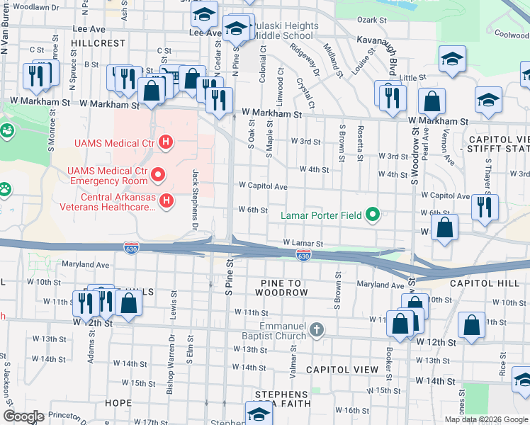 map of restaurants, bars, coffee shops, grocery stores, and more near 610 South Maple Street in Little Rock