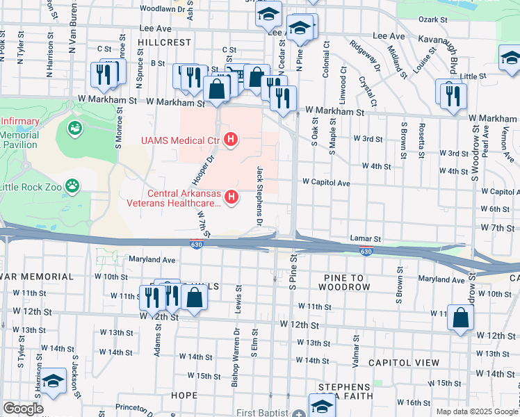 map of restaurants, bars, coffee shops, grocery stores, and more near 613 Jack Stephens Drive in Little Rock