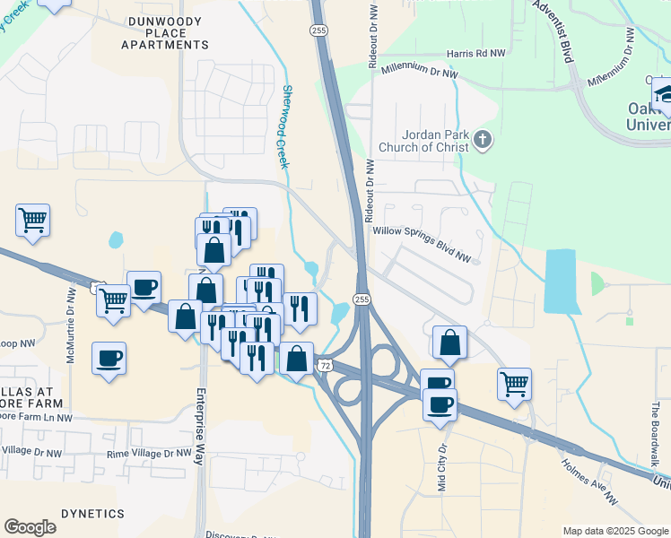 map of restaurants, bars, coffee shops, grocery stores, and more near 1554 Perimeter Parkway Northwest in Huntsville