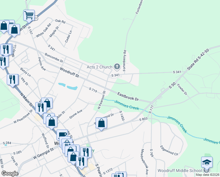 map of restaurants, bars, coffee shops, grocery stores, and more near in Woodruff