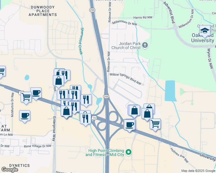 map of restaurants, bars, coffee shops, grocery stores, and more near 1200 Rideout Drive Northwest in Huntsville