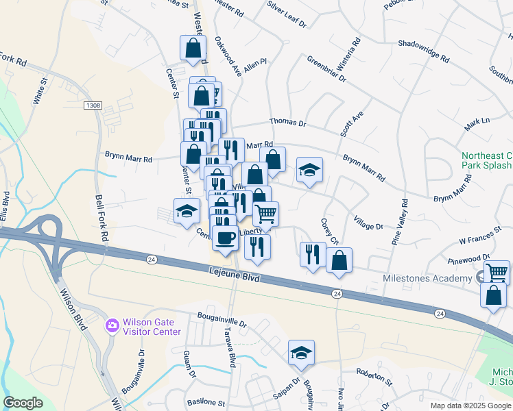map of restaurants, bars, coffee shops, grocery stores, and more near 102 Western Boulevard in Jacksonville