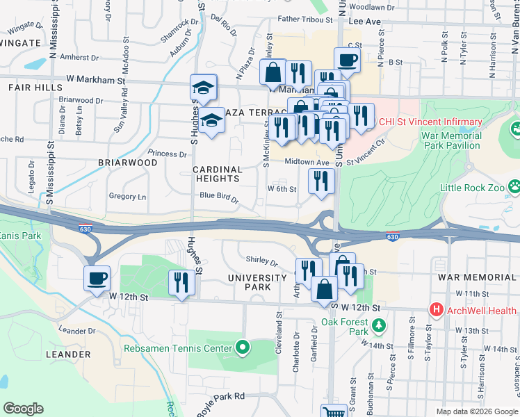 map of restaurants, bars, coffee shops, grocery stores, and more near 6400 Blue Bird Drive in Little Rock